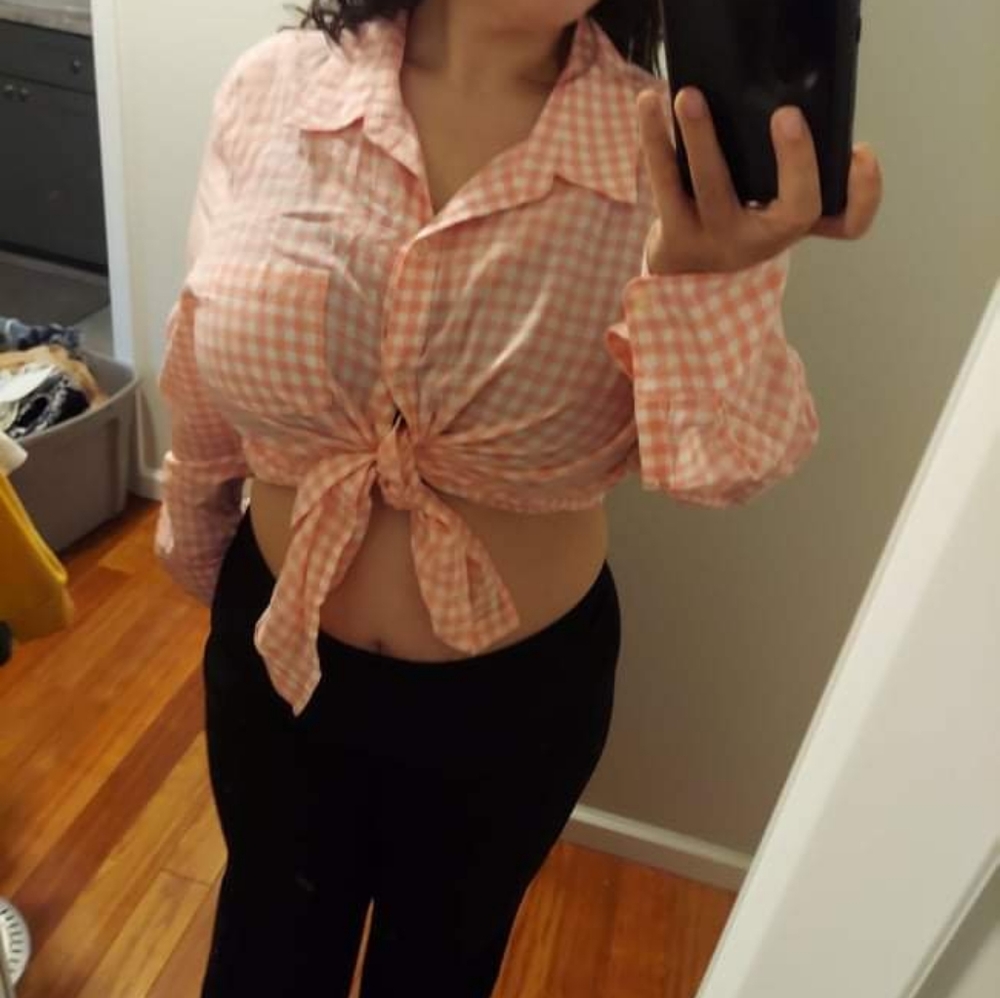 Pink and white gingham button down shirt